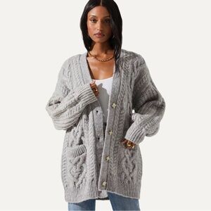 Astr Chunky Cable Knit Cardigan in Light Gray